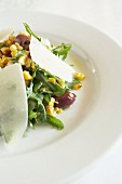Rocket salad with olives, sweetcorn and Parmesan