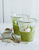 Cucumber gazpacho with sunflower seeds in glasses