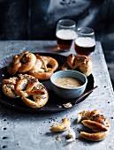 Soft garlic and poppyseed pretzels with wholegrain beer mustard