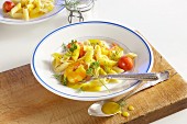 Penne with prawns and a yellow pepper sauce