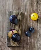 Various plums (black plums, a yellow plum, Italian plums)