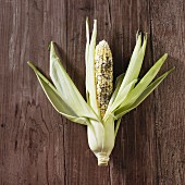 A fresh corn cob with butter and herbs, ready to cook