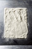 A hand print in flour (seen from above)
