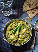 Palak paneer with tandoori roti (spinach soup with unleavened bread, India)