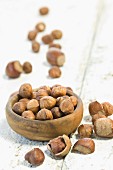 Hazelnuts in a wooden bowl