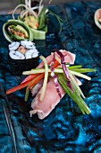 Nigiri sushi with tuna fish and marious maki