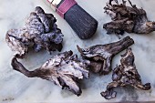 Black chanterelles with a brush on a marble surface