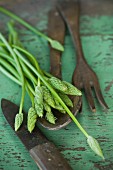 Wild asparagus on a rustic wooden table with salad servers and a knife