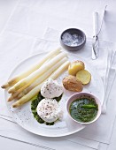 Asparagus with poached eggs, new potatoes and mojo sauce