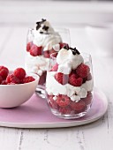 Deserts with frozen raspberries, meringue and cream
