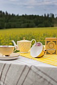 Teetassen und gepunkteter Teekanne auf Tisch im Freien