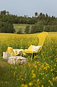Gelber Metallstuhl und Picknick-Utenslilien am Rapsfeld