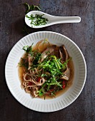 Spicy miso noodle soup with oyster mushrooms, pointed cabbage and umeboshi