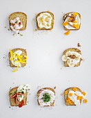 Eight different spreads made from quark, cream cheese, fruit and vegetables