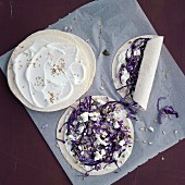 Vegetarian red cabbage wraps with Greek yoghurt, fennel seeds and feta cheese