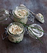 Vegan cashew nut cream cheese with miso paste and fresh chives