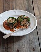 Savoy cabbage roulade filled with amaranth on a tomatoes and tahini sauce
