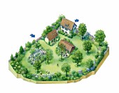 Perspektivische Zeichnung eines Gartens mit Gewächshaus und Wohnhaus