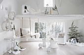White Christmas decorations and branches in white interior