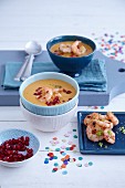 Sweet potato soup with chilis and prawns
