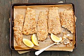 Breaded baked fish on a baking tray