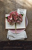 An autumnal menu decorated with hydrangeas