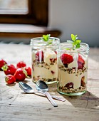 Layered yoghurt muesli with strawberries