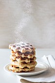 Homemade Belgian waffles with icing sugar