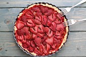 Strawberry tart in a baking tin with forks (seen from above)