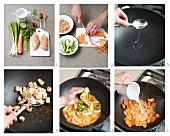 Red Thai curry with chicken being made in a wok