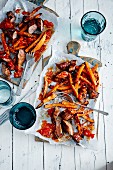 Lamb with sweet potato chips with ketchup