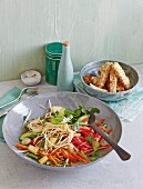 Gemischter Gemüse-Asia-Salat mit Mungobohnensprossen, dazu Tofu-Sesam-Sticks
