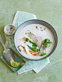Thai coconut soup with duck breast, galangal and vegetables