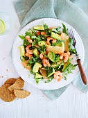 Avocado salad with grapefruit and prawns (seen from above)