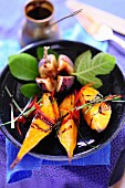 Exotic fruit salad with grilled fruits, figs and chillis