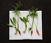 Baby carrots and turnips on a white cloth