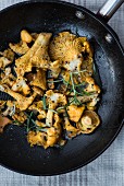Fried chanterelle mushrooms with rosemary in a pan (seen from above)