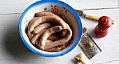 Homemade duck sausage with oriental spices