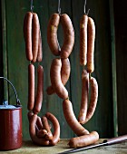 An arrangement of hanging sausages