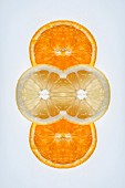 A digital composition of mirrored images of orange and lemon slices