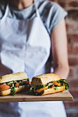 Vegetarian baguettes with grilled nectarines and rocket