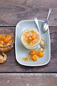White chocolate souffle with physalis sauce