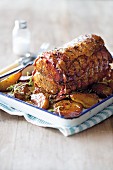 Pork loin roasted in cider with thyme, garlic and pears