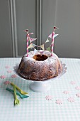 A Bundt cake decorated with bunting