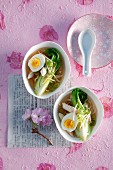 Ramen noodles soup with chicken, pak choi and egg