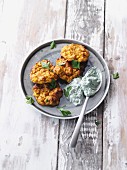 Latkes made from oven-roasted sweet potatoes with a spinach dip