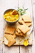 Rosemary crackers with a pumpkin and tahini dip
