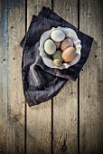 An arrangement of eggs with a quail's egg