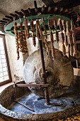 Air-dried salami hanging in an old oil mill