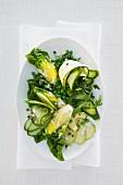 Green vegetable salad with peas, courgette, cucumber and avocado
